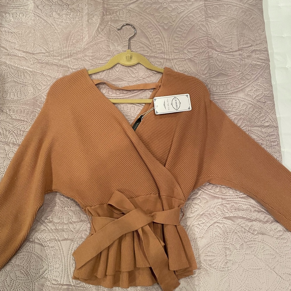NWT: Zesica Knit Ruffle Hem Faux Wrap Sweater.